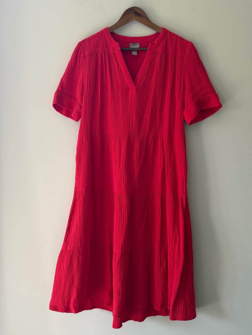 Chico's Red Short-Sleeve V-Neck Cotton Gauze Tunic Midi Dress Size 1